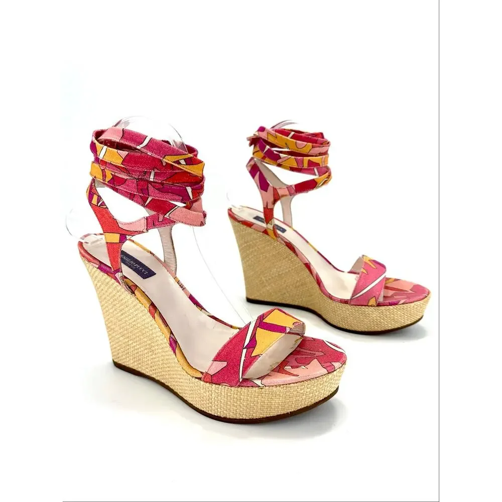 Emilio Pucci Vintage Y2K Wedge Sandal Size 10/40 Pink Multicolor Designer Italy